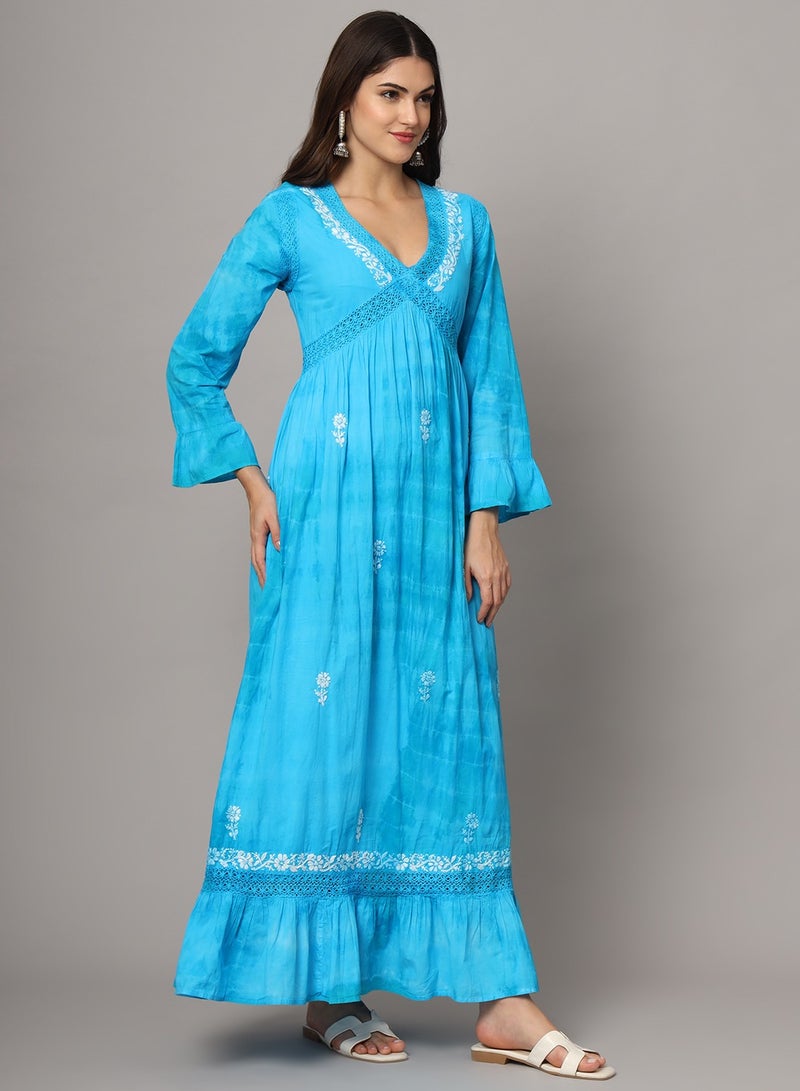 الايا جلابية نسائية مطرزة يدويًا بتطريز الشيكانكاري من القطن بألوان الصباغة بالربط - Image 4