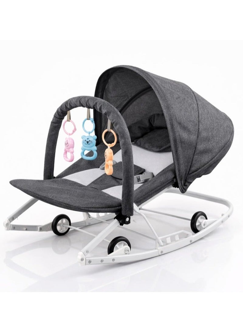 Baby Rocker Bouncer with Canopy, Hanging Toys & Wheels – Adjustable Infant Rocking Chair with 3 Recline Modes – Foldable Padded Baby Seat with Safety Harness - Image 1