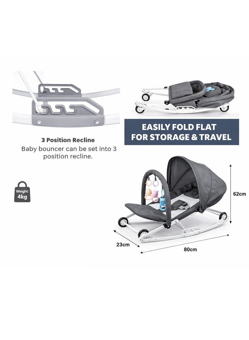 Baby Rocker Bouncer with Canopy, Hanging Toys & Wheels – Adjustable Infant Rocking Chair with 3 Recline Modes – Foldable Padded Baby Seat with Safety Harness - Image 4