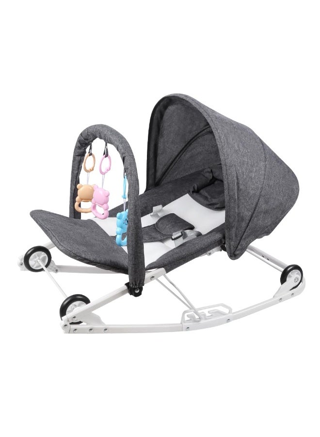 Baby Rocker Bouncer with Canopy, Hanging Toys & Wheels – Adjustable Infant Rocking Chair with 3 Recline Modes – Foldable Padded Baby Seat with Safety Harness - Image 3