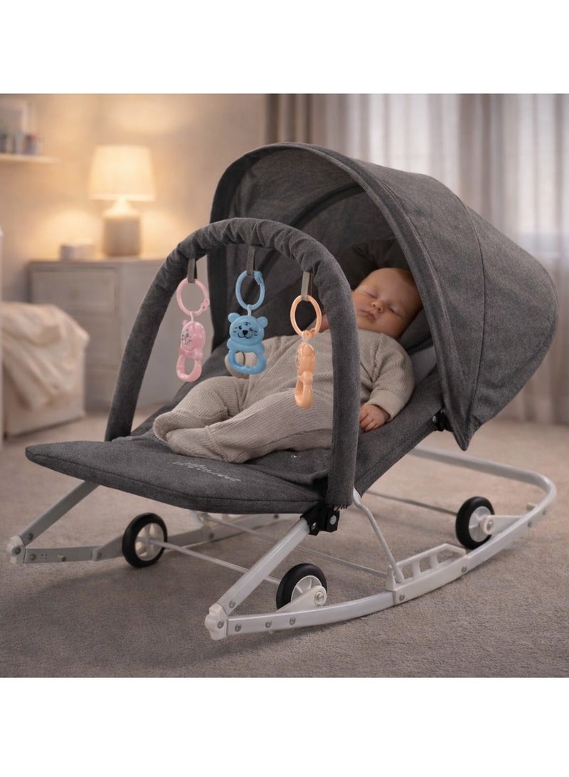 Baby Rocker Bouncer with Canopy, Hanging Toys & Wheels – Adjustable Infant Rocking Chair with 3 Recline Modes – Foldable Padded Baby Seat with Safety Harness - Image 2