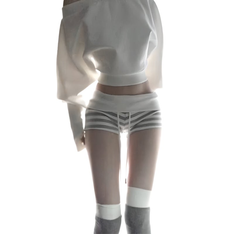 Women's Grey-White Striped Low-Rise Casual Shorts Summer 2026 - Image 5