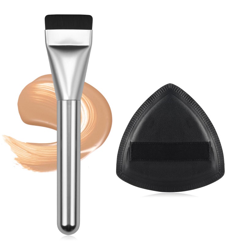 BEAUTYFACTOR Flat Foundation Brush with Puff Beautyfactor Ultral Thin Spatula Makeup Brush with Sponge for Liquid Makeup Fast Flawless Korean Kabuki Brushes for Blending Liquid Cream Blush Buffing Silver - Image 3