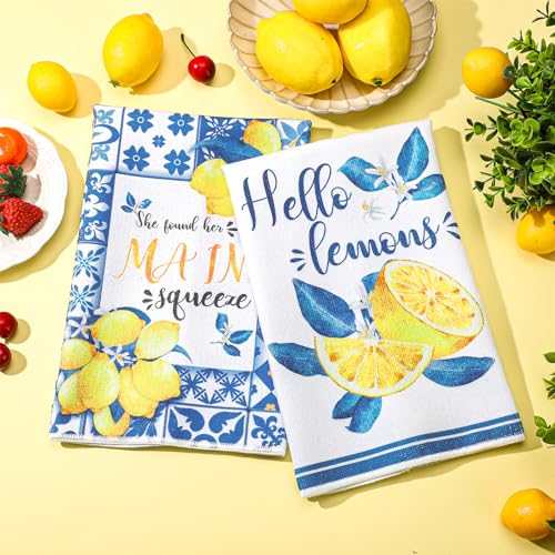 Sratte 6 Pcs Lemon Kitchen Towels 24 x 16 Inch Capri Tiles Lemon Tea Dishtowels Farmhouse Absorbent Blue Yellow Hand Bathroom Towel for Holiday Kitchen Bathroom Amalfi Coast Party Decor Gifts - Image 2