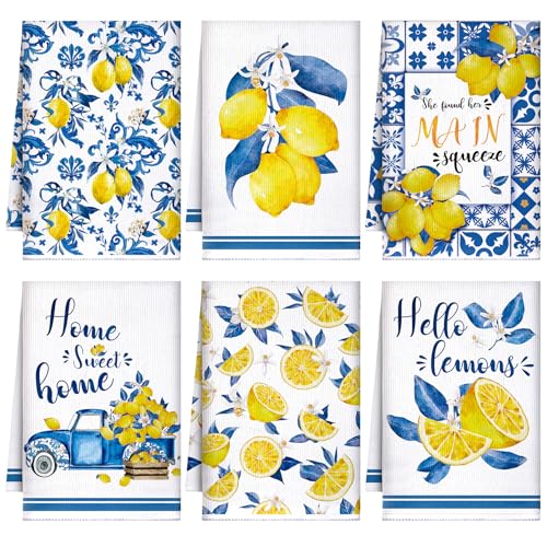 Sratte 6 Pcs Lemon Kitchen Towels 24 x 16 Inch Capri Tiles Lemon Tea Dishtowels Farmhouse Absorbent Blue Yellow Hand Bathroom Towel for Holiday Kitchen Bathroom Amalfi Coast Party Decor Gifts - Image 1