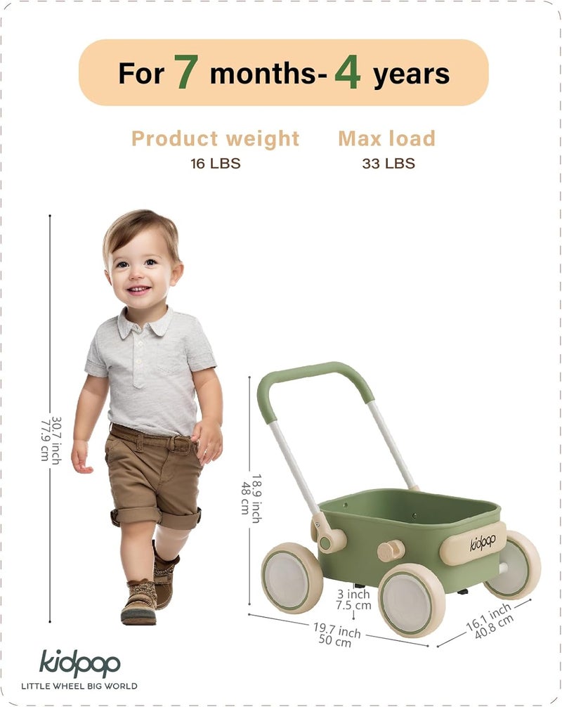 Kidpop مشاية الأطفال PULA بعجلات وعربة للأطفال الصغار، لعبة تعليمية للأطفال من 6 إلى 12 شهرًا، هدية عيد ميلاد لعمر سنة واحدة، للاستخدام داخل المنزل وخارجه (أخضر) - Image 2
