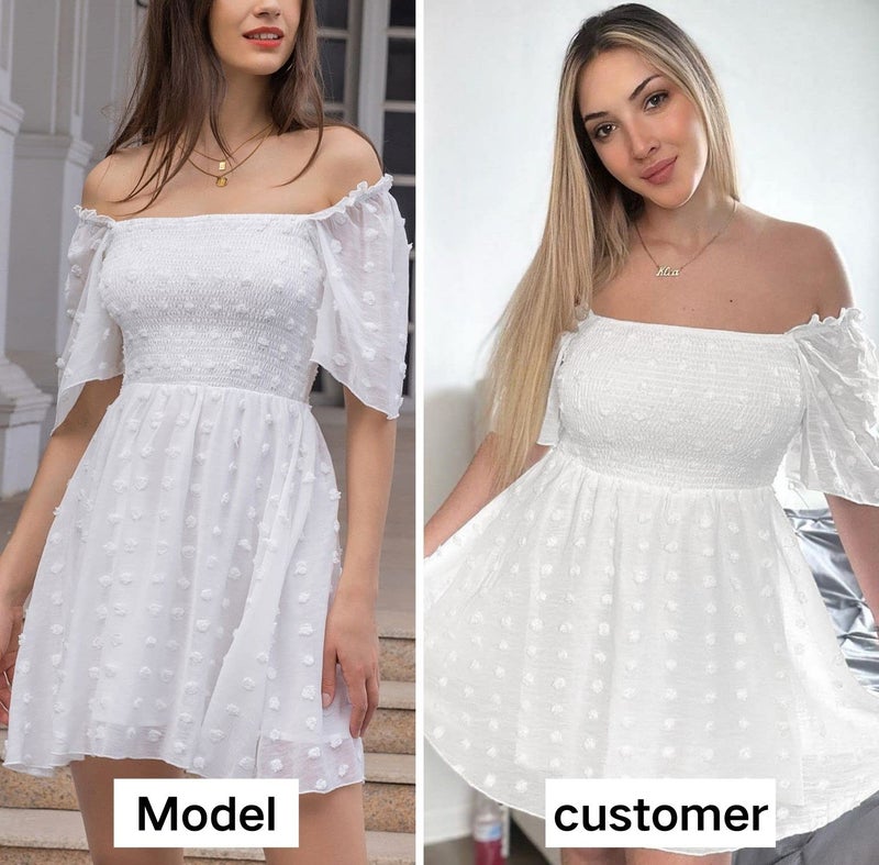 EXLURA Women's Summer Flowy Mini Sundress Square Neck High Waist Swiss Dot Smocked Ruffle Short Flutter Sleeve Dress White - Image 4