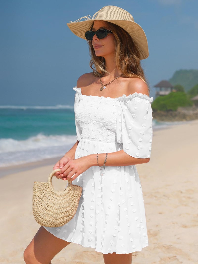 EXLURA Women's Summer Flowy Mini Sundress Square Neck High Waist Swiss Dot Smocked Ruffle Short Flutter Sleeve Dress White - Image 3