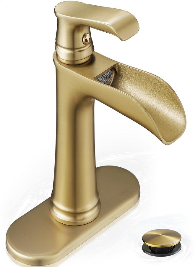 HOIGY Waterfall Faucet, Brass Gold Bathroom Faucet 1 Hole, 1 Handle Bathroom Faucets for Sink 3 Hole (4 Inch) with Pop-up Drain, Hoses & Deck Plate - Image 1