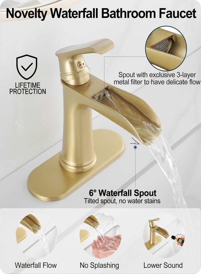 HOIGY Waterfall Faucet, Brass Gold Bathroom Faucet 1 Hole, 1 Handle Bathroom Faucets for Sink 3 Hole (4 Inch) with Pop-up Drain, Hoses & Deck Plate - Image 4