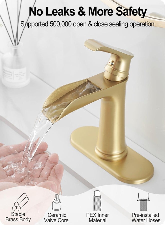 HOIGY Waterfall Faucet, Brass Gold Bathroom Faucet 1 Hole, 1 Handle Bathroom Faucets for Sink 3 Hole (4 Inch) with Pop-up Drain, Hoses & Deck Plate - Image 2