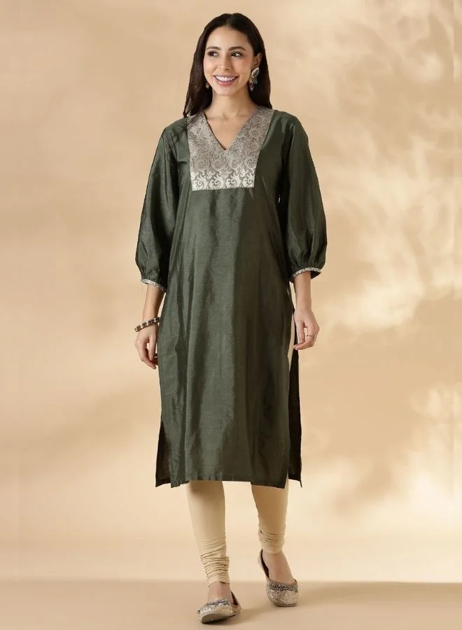 أبهشتي Olive Green V Neck Kurta with Brocade Accent and Balloon Sleeves