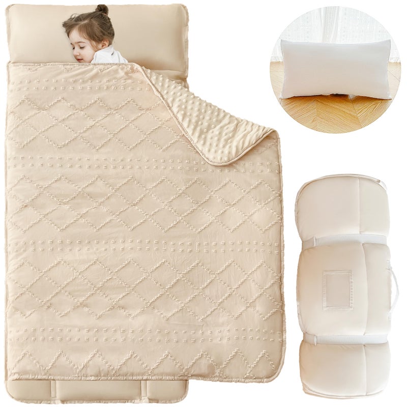Cozyholy Toddler Nap Mat with Pillow and Blanket Boho Tufted Geometric Kinder Nap Mats for Toddler Girls Boys Preschool Daycare Kids Sleeping Mat Pad Portable Baby Sleeping Bag for Travel Camping Beige
