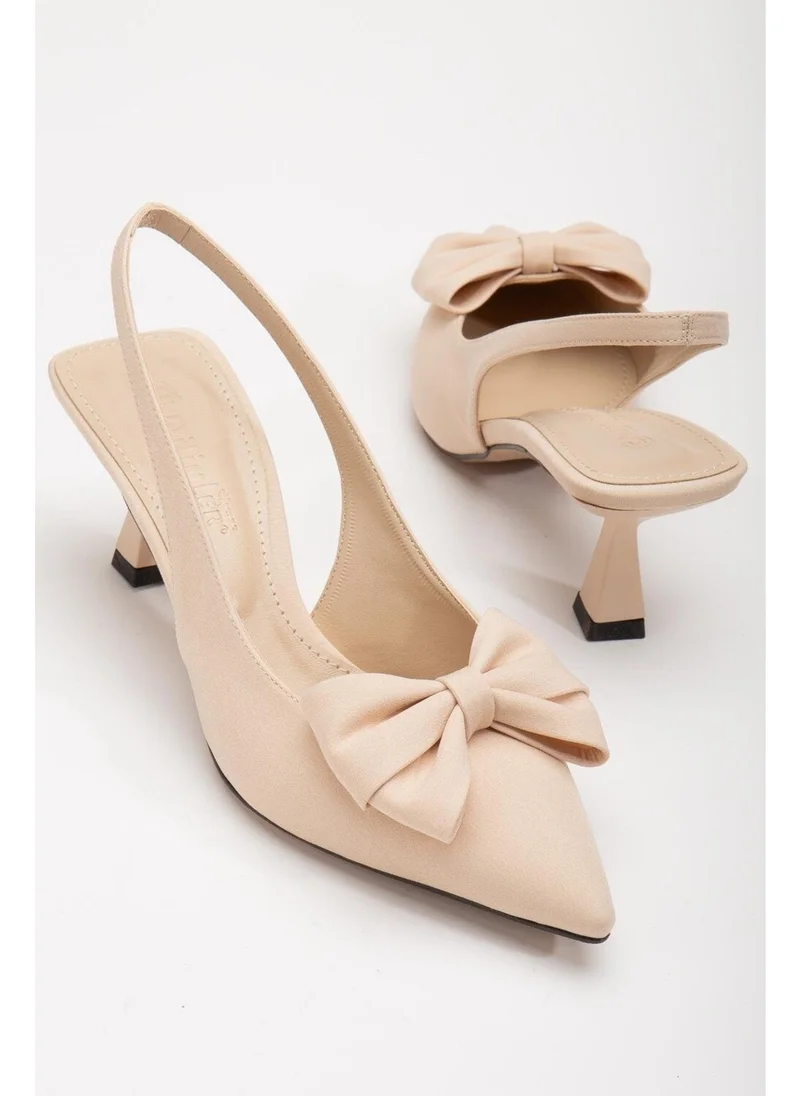 Dilimler Ayakkabı Large Size Bow Satin Beige Women's High Heel Shoes
