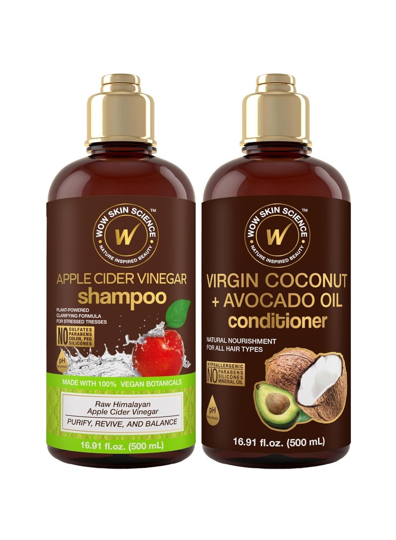 WOW Skin Science Apple Cider Vinegar Shampoo & Conditioner Set with Coconut & Avocado Oil - Men and Women Gentle Shampoo Set - Hair Growth Shampoo for Thinning Hair & Loss - Sulfate & Paraben Free - Image 1