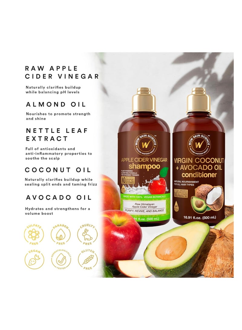 WOW Skin Science Apple Cider Vinegar Shampoo & Conditioner Set with Coconut & Avocado Oil - Men and Women Gentle Shampoo Set - Hair Growth Shampoo for Thinning Hair & Loss - Sulfate & Paraben Free - Image 3