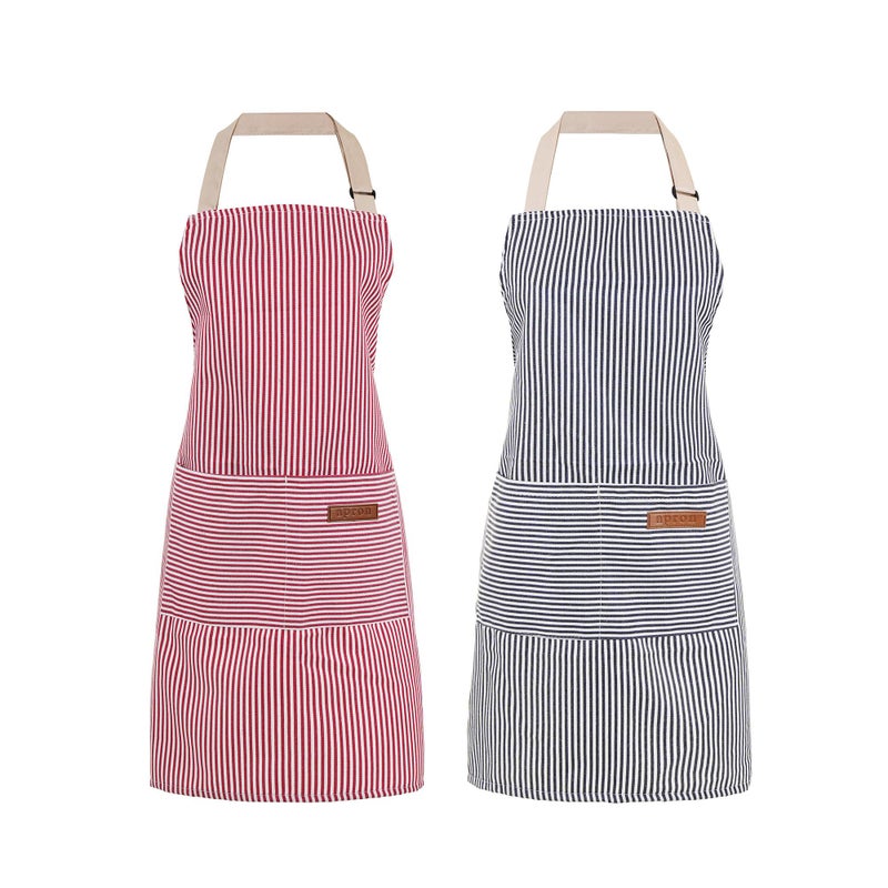 ARBINSON 2 Pack Cooking Aprons Adjustable Bib Apron for Women with 2 Pockets, Kitchen Restaurant Men Chefs Aprons, Pink/Blue Stripes, 29.3"x 26.8" Large - Image 1