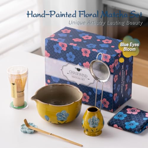 ChaseWind Matcha Whisk Set, 7Pcs Matcha Set with Hand-Painted Ceramic Matcha Bowl, Matcha Whisk and Holder, Scoop and Rest, Sifter, Tea Towel, Artisan Matcha Kit for Ceremony & Gifting (Yellow) - Image 3