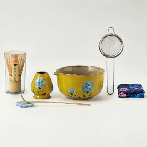 ChaseWind Matcha Whisk Set, 7Pcs Matcha Set with Hand-Painted Ceramic Matcha Bowl, Matcha Whisk and Holder, Scoop and Rest, Sifter, Tea Towel, Artisan Matcha Kit for Ceremony & Gifting (Yellow) - Image 1