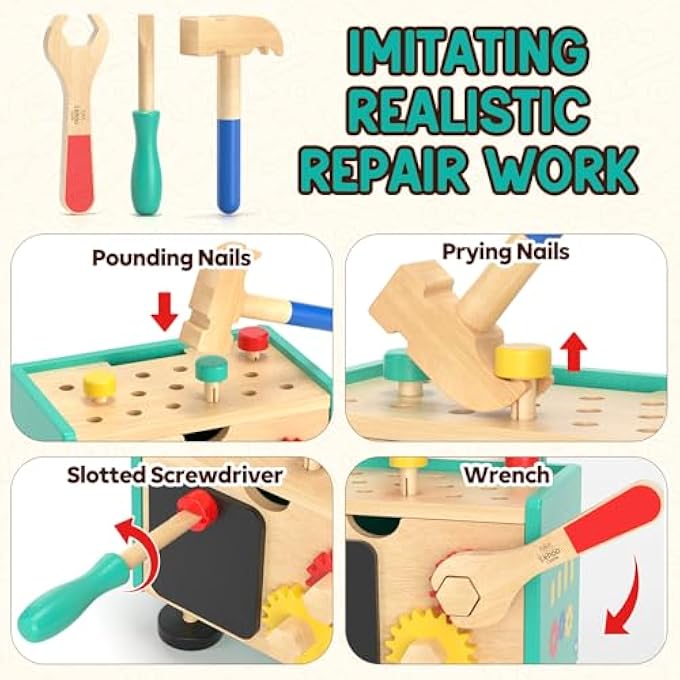 TODDLER TOOL SET, WOODEN MINI KIDS TOOL BENCH WITH BLACKBOARD, ROBOT CONSTRUCTION TOYS WITH HAMMER WRENCH SCREWDRIVER, STEM LEARNING TOYS FOR AGE 3-5, BIRTHDAY GIFT FOR BOYS & GIRLS - Image 2