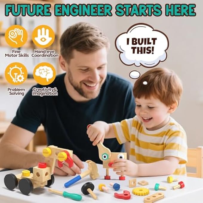 TODDLER TOOL SET, WOODEN MINI KIDS TOOL BENCH WITH BLACKBOARD, ROBOT CONSTRUCTION TOYS WITH HAMMER WRENCH SCREWDRIVER, STEM LEARNING TOYS FOR AGE 3-5, BIRTHDAY GIFT FOR BOYS & GIRLS - Image 5