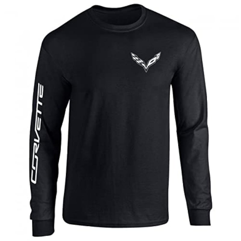 Corvette Long Sleeve TShirt  C7 Logo with Corvette Script on Sleeve XLarge Black