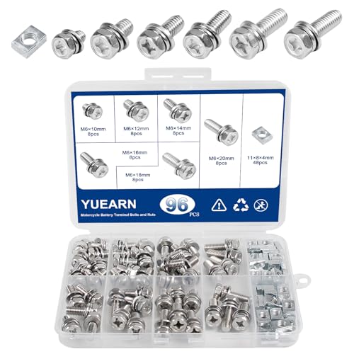 BDFHYK YUEARN 96PCS Motorcycle Battery Terminal Bolts and Nuts Kit M6x101214161820mm 304 Stainless Steel Battery Bolt with Square Nut for ATV Bike Lawn Mower Scooter More - Image 1
