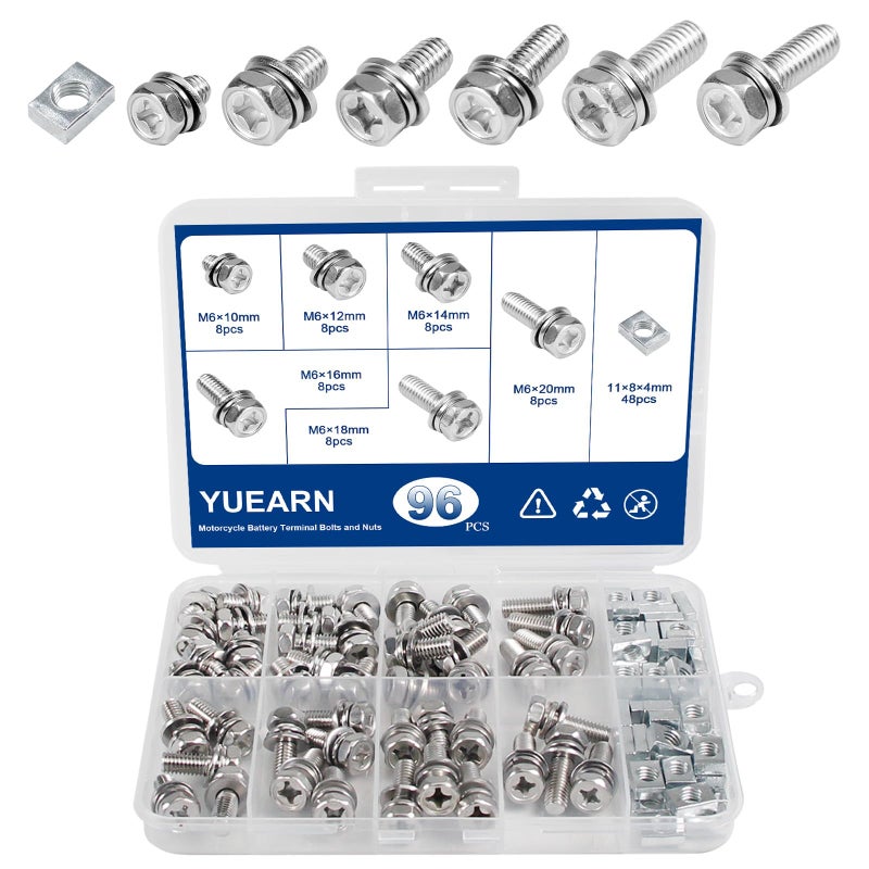 BDFHYK YUEARN 96PCS Motorcycle Battery Terminal Bolts and Nuts Kit M6x101214161820mm 304 Stainless Steel Battery Bolt with Square Nut for ATV Bike Lawn Mower Scooter More - Image 3
