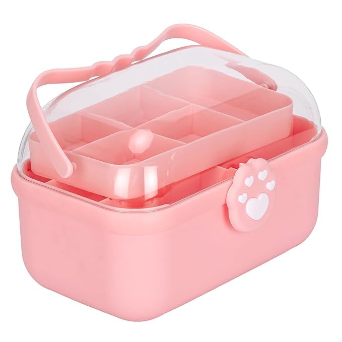 IMUU Heart Design Cosmetic Storage Box, Double Layer Box With Portable Handle and Removable Tray, Multiple Compartments For Cosmetic Items, Travel Friendly (Full Pink) - Image 1
