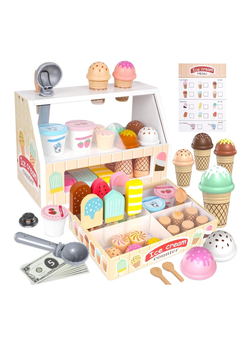 DELGREEN Wooden Ice Cream Counter Playset for Boys Girl Toys,Wooden Ice Cream Set,Play Store Pretend Toy Food Play Kitchen Accessories with Scoop & Fake Money,Toddler Ice Cream Shop Toys for Kids  - Image 1