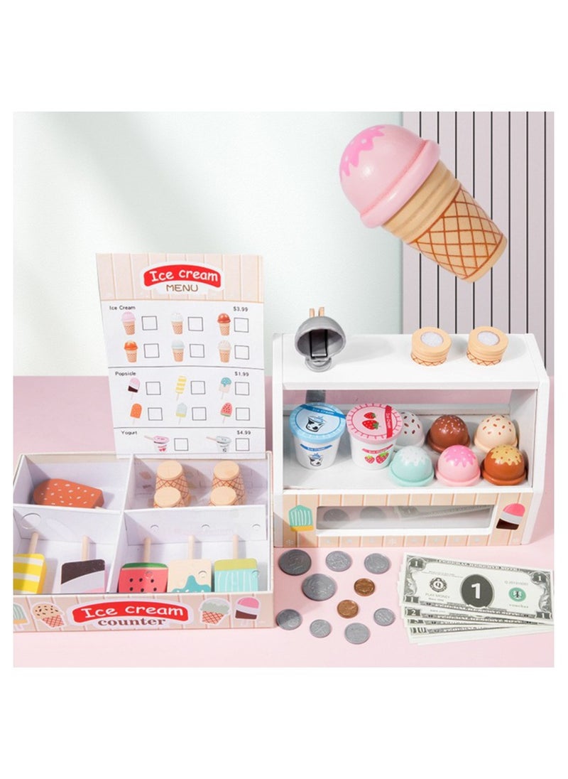 DELGREEN Wooden Ice Cream Counter Playset for Boys Girl Toys,Wooden Ice Cream Set,Play Store Pretend Toy Food Play Kitchen Accessories with Scoop & Fake Money,Toddler Ice Cream Shop Toys for Kids  - Image 2