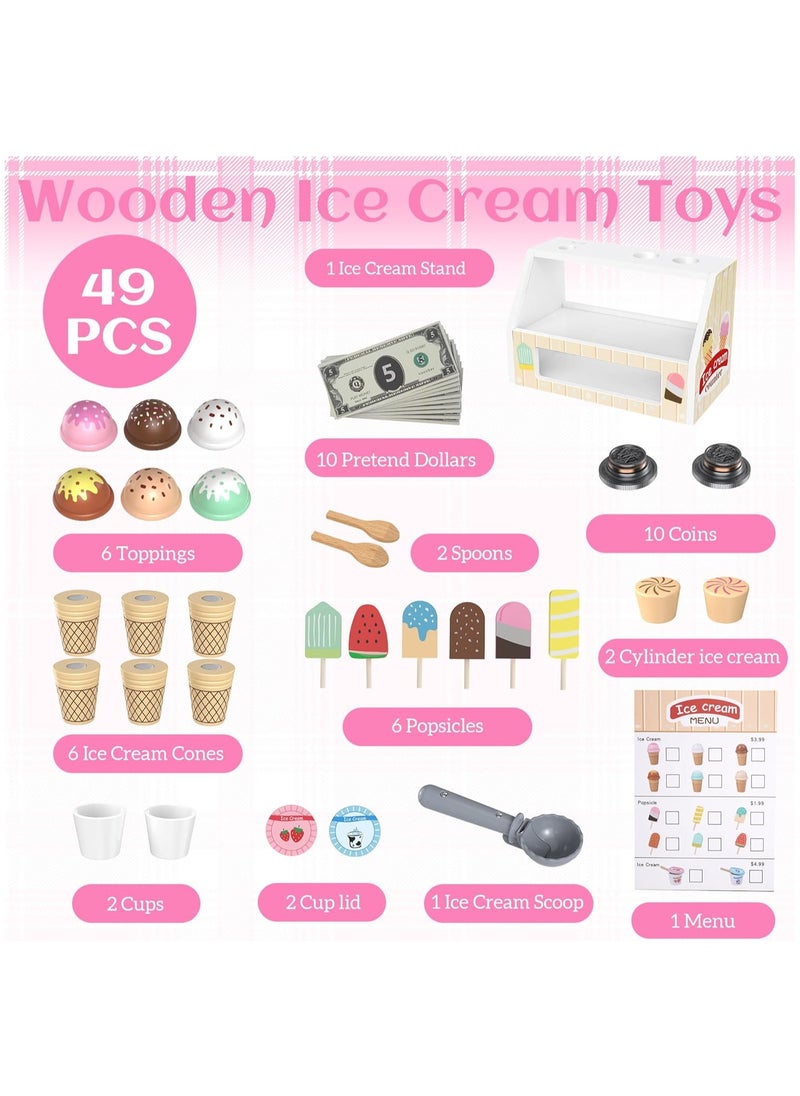 DELGREEN Wooden Ice Cream Counter Playset for Boys Girl Toys,Wooden Ice Cream Set,Play Store Pretend Toy Food Play Kitchen Accessories with Scoop & Fake Money,Toddler Ice Cream Shop Toys for Kids  - Image 3