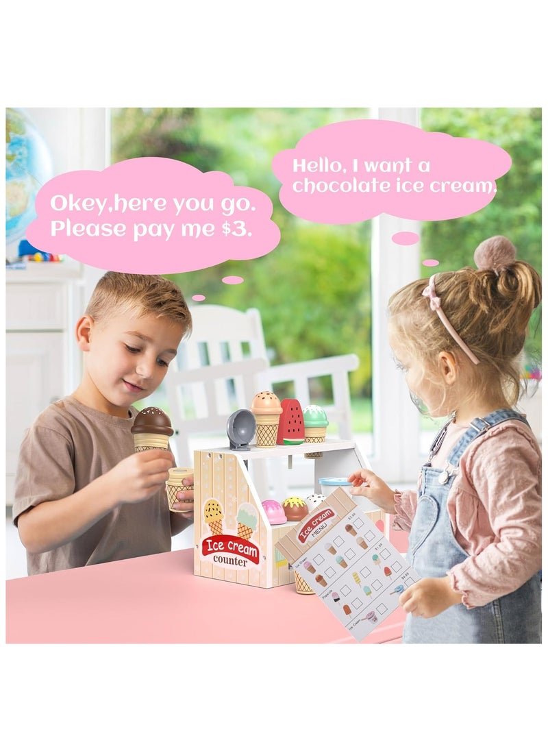DELGREEN Wooden Ice Cream Counter Playset for Boys Girl Toys,Wooden Ice Cream Set,Play Store Pretend Toy Food Play Kitchen Accessories with Scoop & Fake Money,Toddler Ice Cream Shop Toys for Kids  - Image 4