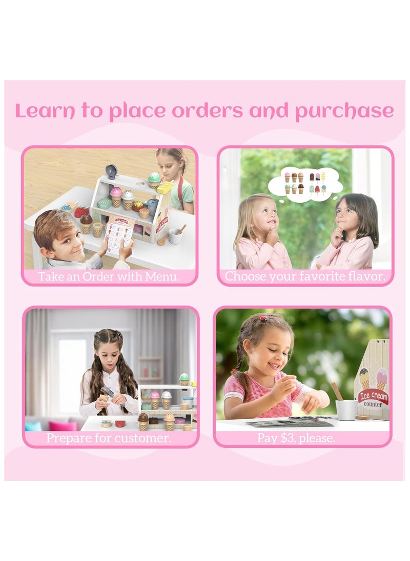 DELGREEN Wooden Ice Cream Counter Playset for Boys Girl Toys,Wooden Ice Cream Set,Play Store Pretend Toy Food Play Kitchen Accessories with Scoop & Fake Money,Toddler Ice Cream Shop Toys for Kids  - Image 5