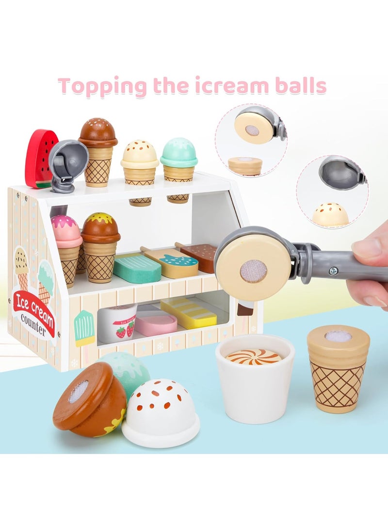 Acarebanny Wooden Ice Cream Counter Playset for Boys Girl Toys,Wooden Ice Cream Set,Play Store Pretend Toy Food Play Kitchen Accessories with Scoop & Fake Money,Toddler Ice Cream Shop Toys for Kids - Image 4