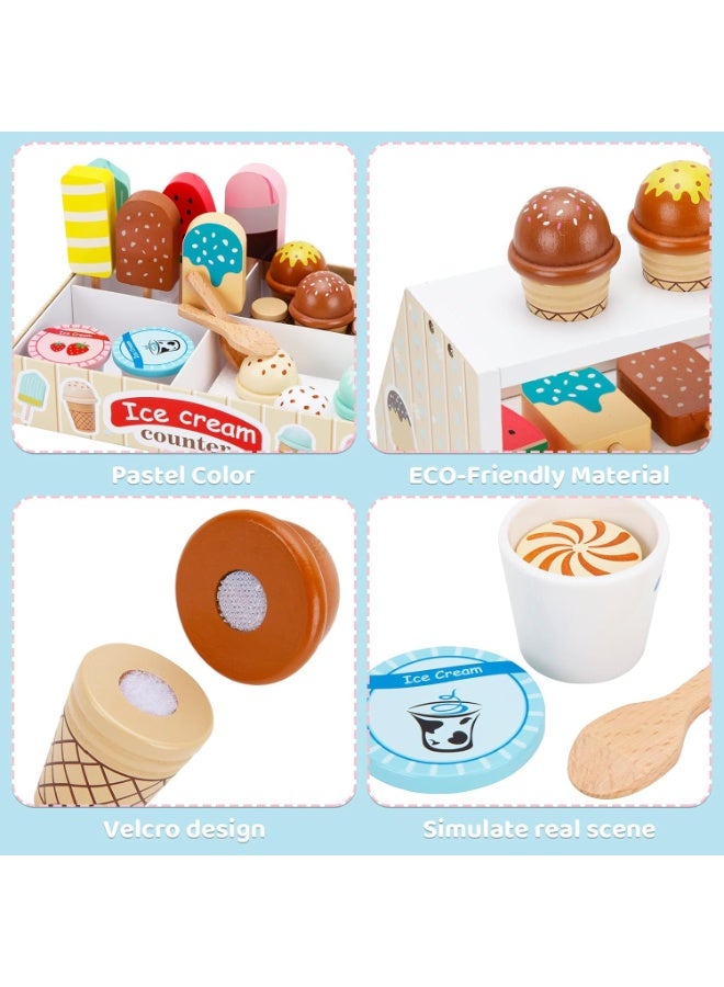 Acarebanny Wooden Ice Cream Counter Playset for Boys Girl Toys,Wooden Ice Cream Set,Play Store Pretend Toy Food Play Kitchen Accessories with Scoop & Fake Money,Toddler Ice Cream Shop Toys for Kids - Image 2