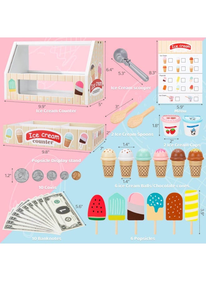 Acarebanny Wooden Ice Cream Counter Playset for Boys Girl Toys,Wooden Ice Cream Set,Play Store Pretend Toy Food Play Kitchen Accessories with Scoop & Fake Money,Toddler Ice Cream Shop Toys for Kids - Image 3