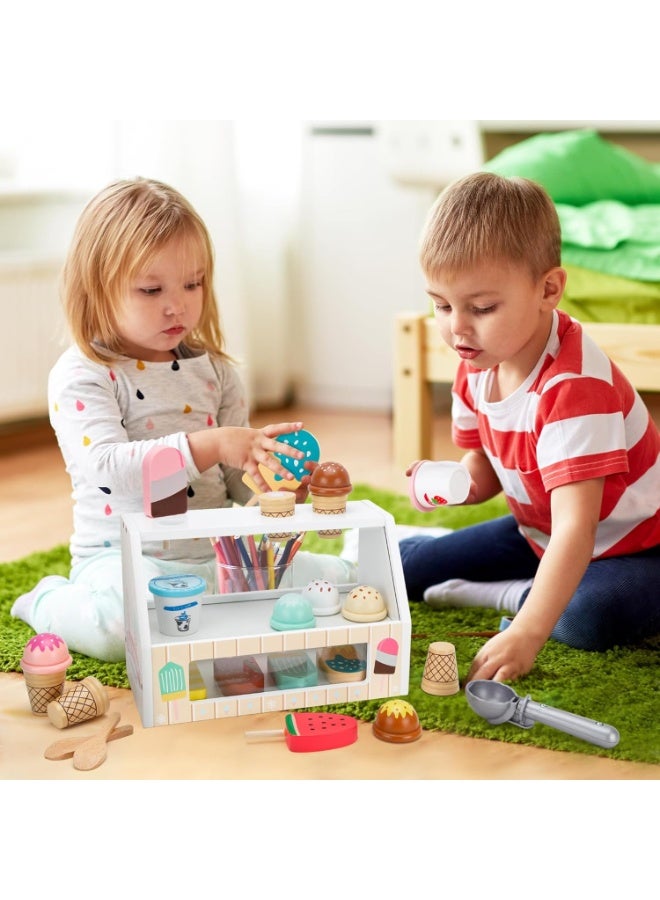 Acarebanny Wooden Ice Cream Counter Playset for Boys Girl Toys,Wooden Ice Cream Set,Play Store Pretend Toy Food Play Kitchen Accessories with Scoop & Fake Money,Toddler Ice Cream Shop Toys for Kids - Image 5