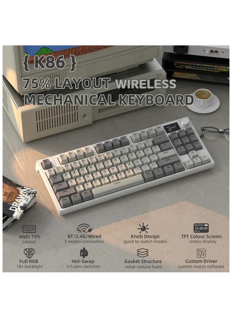 Attack Shark - K86 RGB Wireless Mechanical Gaming Keyboard – Gasket Mount – Triple Mode (Bluetooth 5.0, 2.4G, USB-C) – 87-Key Hot-Swappable – Smart TFT Display – Metal Volume Knob – 4000mAh Battery – PBT Keycaps – PC/Laptop/Mac Compatible (Business Grey) - Image 1