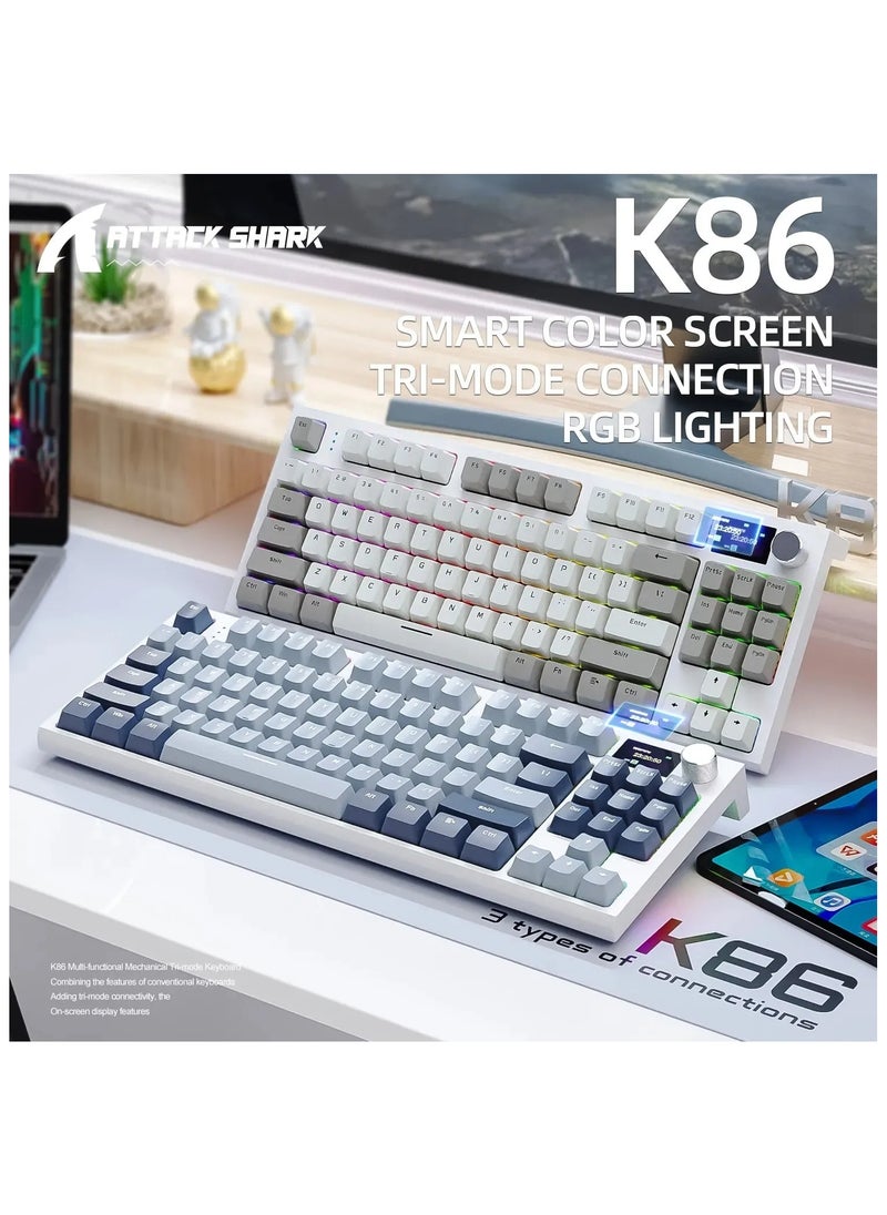 Attack Shark - K86 RGB Wireless Mechanical Gaming Keyboard – Gasket Mount – Triple Mode (Bluetooth 5.0, 2.4G, USB-C) – 87-Key Hot-Swappable – Smart TFT Display – Metal Volume Knob – 4000mAh Battery – PBT Keycaps – PC/Laptop/Mac Compatible (Business Grey) - Image 1