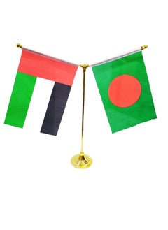 X-PRO5 Desktop Flag Holder Desk Small Flag Stand Base Y Shape Double Mini Flags Pole UAE-Bangladesh Flag Included Office School Conference Table Decoration (Gold)  - Image 1