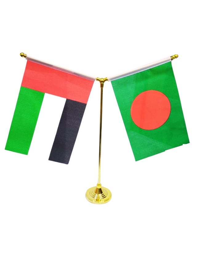 X-PRO5 - Desktop Flag Holder Desk Small Flag Stand Base Y Shape Double Mini Flags Pole UAE-Bangladesh Flag Included Office School Conference Table Decoration (Gold) - Image 1
