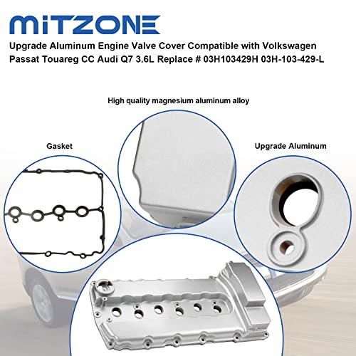 MITZONE غطاء صمام المحرك من MITZONE مصنوع من الألمنيوم ومناسب لسيارات فولكس فاجن باسات وتوراج وCC وأودي Q7 3.6L بديل رقم # 03H103429H 03H-103-429-L - Image 4