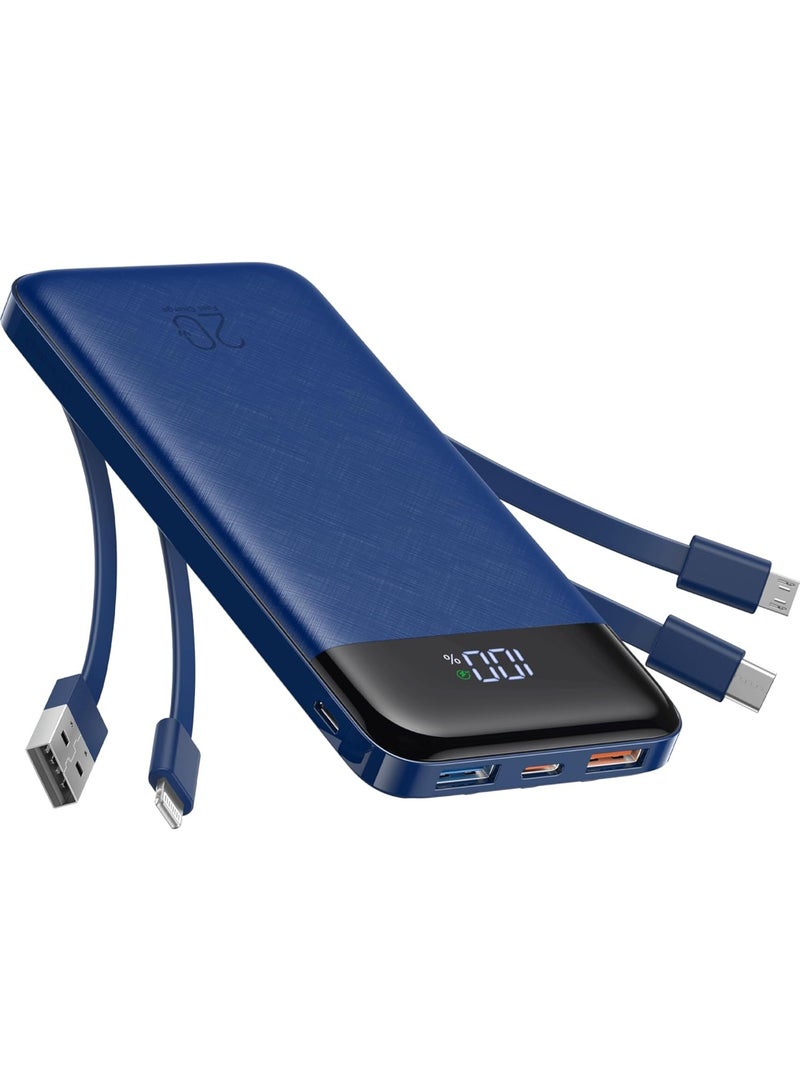 Charmast Power Bank with Built in Cables, 20000mAh USB C Battery Pack 5 Outputs 4 Inputs with LED Display Type C Powerbank,22.5W Fast Charging Portable Charger Compatible with Smartphones(Blue) - Image 1