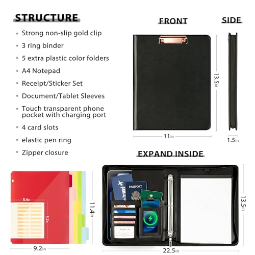Ospelelf Leather Clipboard with Storage, Zippered Padfolio Portfolio Organizer, 3 Ring Binder 1 Inch, Notepad, Tablet Sleeve, 5 Dividers with Pocket, Stickets for Office, Nurses, Students, Teachers Black - Image 2