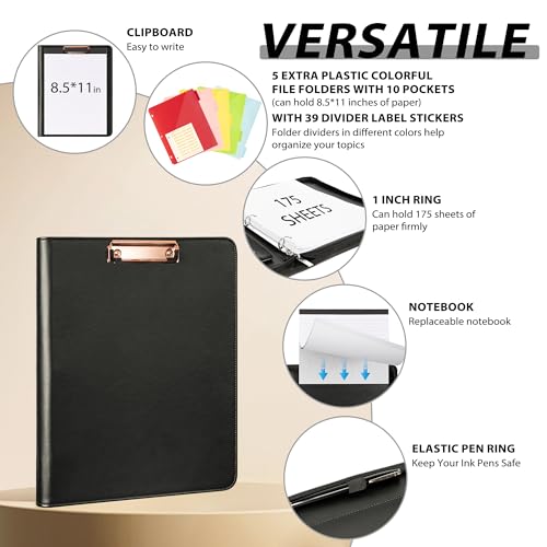Ospelelf Leather Clipboard with Storage, Zippered Padfolio Portfolio Organizer, 3 Ring Binder 1 Inch, Notepad, Tablet Sleeve, 5 Dividers with Pocket, Stickets for Office, Nurses, Students, Teachers Black - Image 3