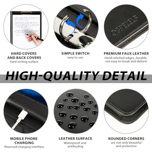 Ospelelf Leather Clipboard with Storage, Zippered Padfolio Portfolio Organizer, 3 Ring Binder 1 Inch, Notepad, Tablet Sleeve, 5 Dividers with Pocket, Stickets for Office, Nurses, Students, Teachers Black - Image 5