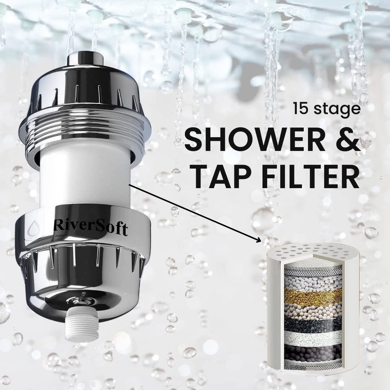 RiverSoft Handheld Shower With 1.5 Meter Flexible Hose and Sf-15 Pro Shower-Tap Filter for Hard Water - 15 Stage (Handshower + Filter + Hose Pipe) - ABS, Grey, Chrome - Image 4