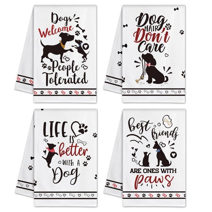 DOG DISH TOWELS AND DISH CLOTHS DOG MOM GIFTS FOR WOMEN LOVERS FUNNY KITCHEN HAND TOWELS SETS OF 4 DOGS WELCOME PEOPLE TOLERATED SAYINGS TEA TOWEL HOUSEWARMING DECOR FOR NEW HOME BATHROOM