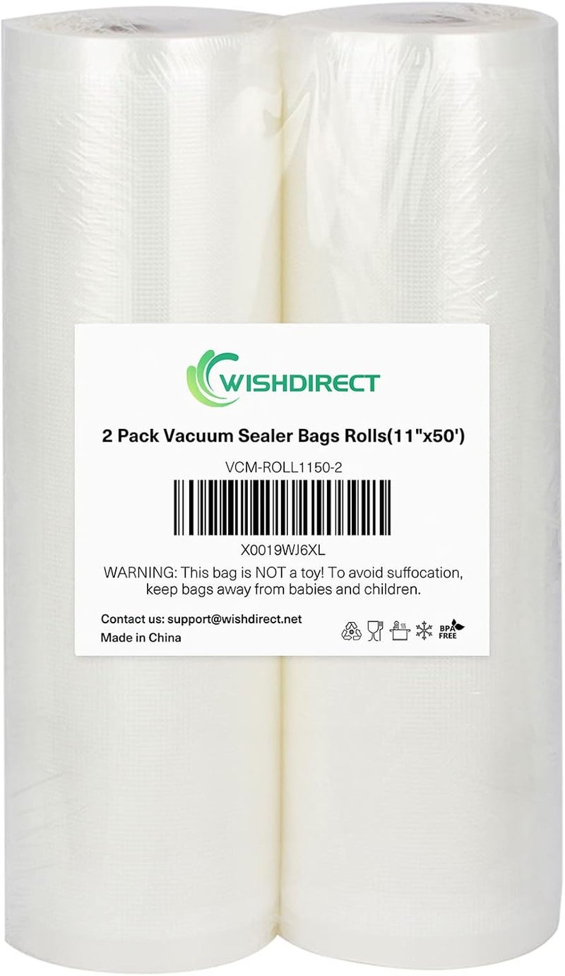 WishDirect Vacuum Sealer Bags Rolls 2-Pack 11"X50' Commercial Grade BPA Free Double Sides Textured Vacuum Seal Bags Compatible with FoodSaver and Sous Vide Cooking (Total 100 Feet) - Image 1